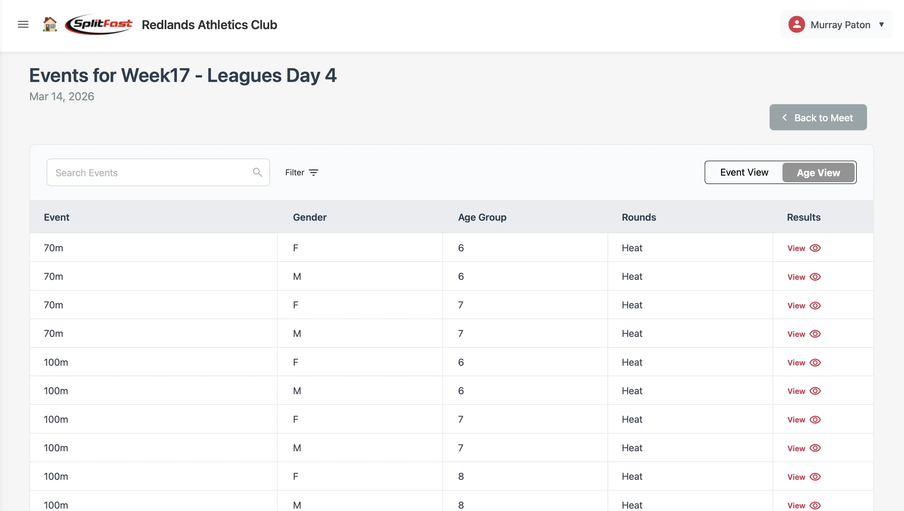 SplitFast Results Portal Event Results view by age